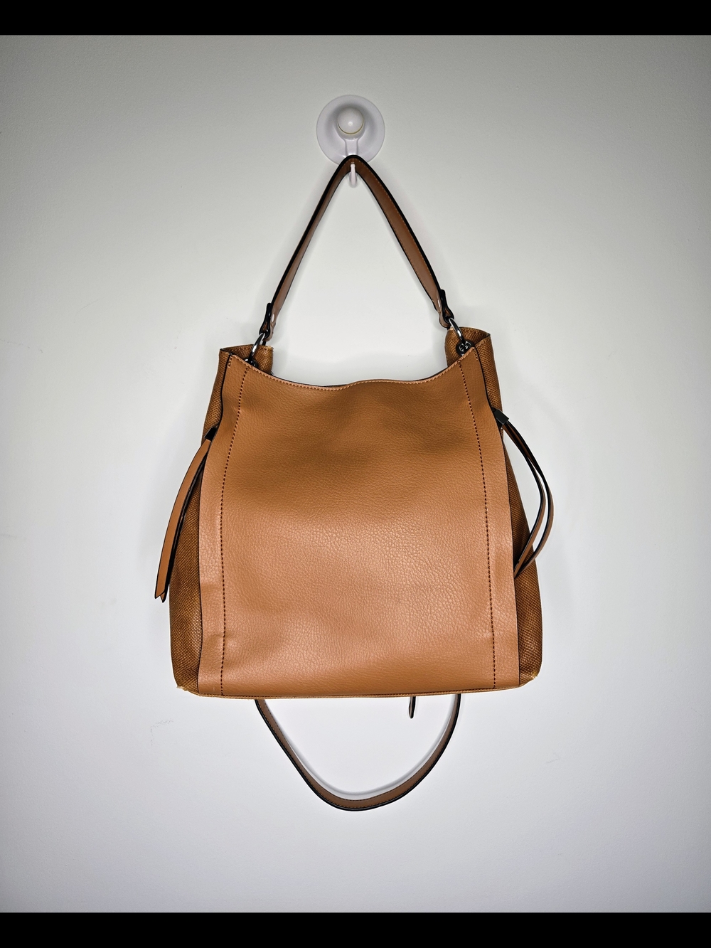 Tan Faux Leather Slouchy Hobo Shoulder Bag with Textured Leather Trim Tote 12x12